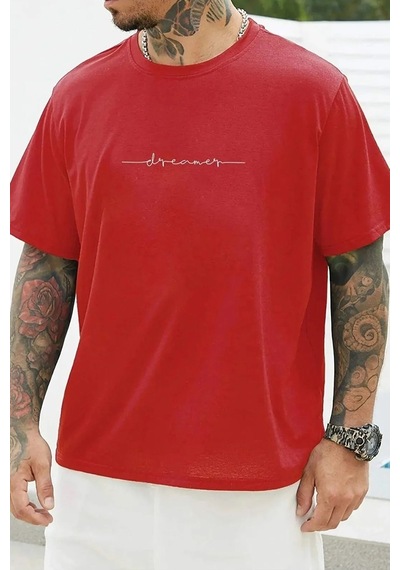 Erkek Dreamer Baskılı Oversize Tshirt Kırmızı