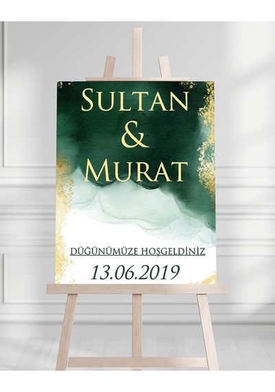 Söz Nişan Düğün İçin 50x70 Karşılama Panosu - Yeşil Altın Desenli Beyaz