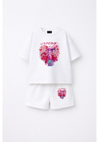 Fasardi Kpop Demon Hunters Huntrix Zoey Rumi Mira Baskılı Oversize %100 Pamuk Tişört Şort Çocuk Takım Beyaz