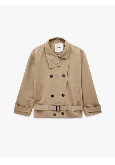 Koton Uzun Kollu Cepli Kemerli Düğmeli Kruvaze Dik Yaka Gabardin Kısa Oversize Trençkot Vizon 7wak00157ew