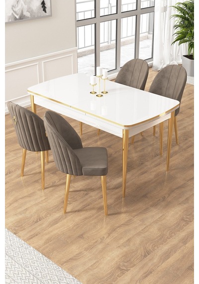 Canisa Edaf Serisi 80x132 Açılabilir Beyaz Mutfak Masa Takımı 4 Cappucino Sandalye Gold Detay Masa Beyaz Sandalye Gri Krom Ayak