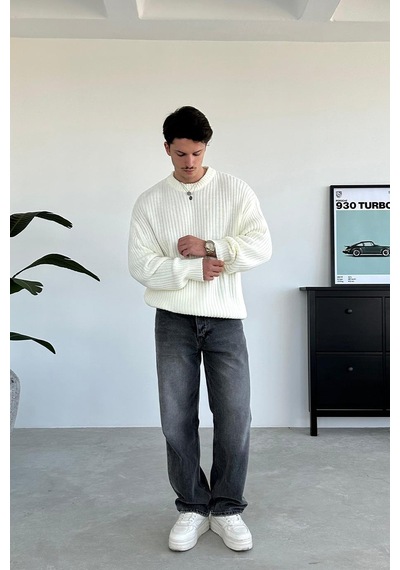 Ekru Bisiklet Yaka Fitilli Oversize Triko Kazak Ekru