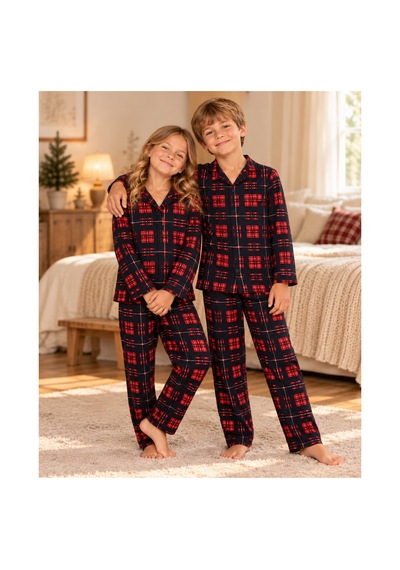 Free Beka Ekose Desenli Kırmızı Uzun Kollu Önden Düğmeli Gömlek Yaka Aile Pijama Takımı Kombini Lacivert