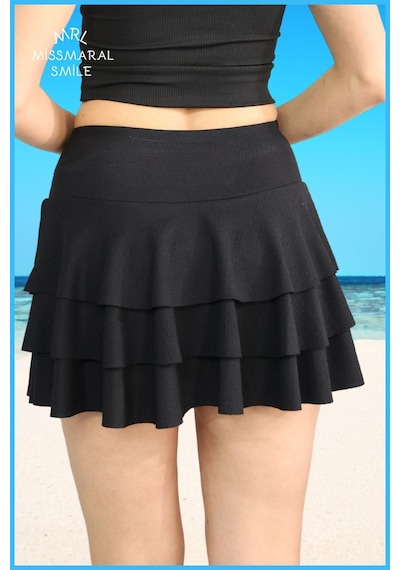 Mykonos Etek Siyah Içte Sabit Şortlu Yüksek Bel Likralı Bürümcük Kumaş Skirt With Shorts 4105 Siyah