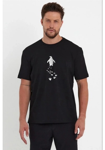 Novalisse Erkek T-shirt Nihilist Penguen Baskılı Bisiklet Yaka Kısa Kol Yazlık Tişört - Siyah Çoklu Renk