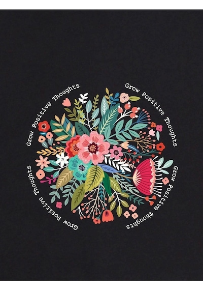 Unisex Siyah Oversize Grow Flowers Baskılı Örme T-shirt Siyah