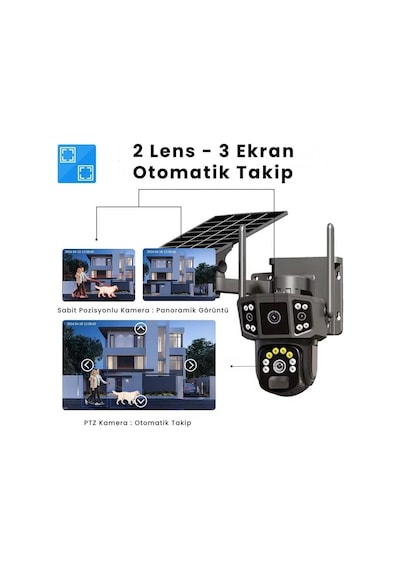 Solar Kamera Wifi V380 Pro Güneş Enerjili 10x Zoom 6mp 2 Lens Alarm Ses Akıllı Wifi Güvenlik Kamera