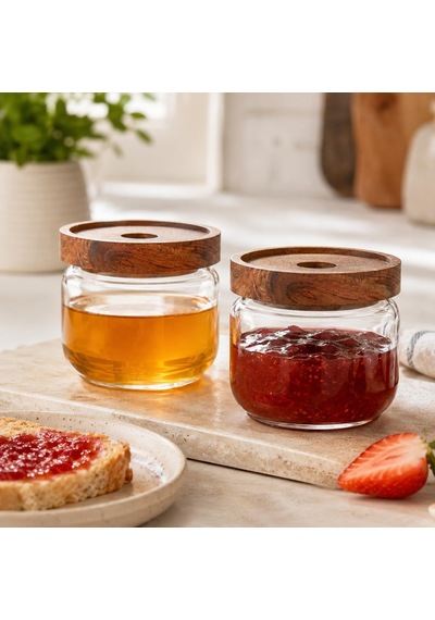 300 Ml Cam Kahvaltılık 2 Li Set, Akasya Kapaklı Şeffaf Cam Saklama Kavanozu, Kahvaltı Sunum Kabı, Zeytin Reçel Bal Kuruyemiş Sos Atıştırmalık Kavanozu