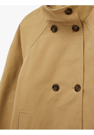 Koton Uzun Kollu Düğmeli Gabardin Dik Yaka Oversize Kısa Trençkot Bej 6sak20034ew Ekru