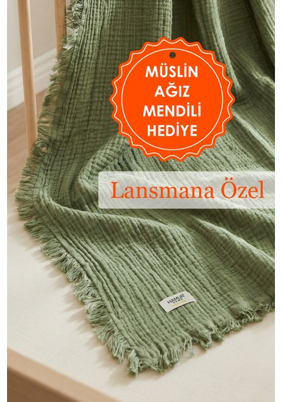 Bebek 4 Katlı Müslin Pike Örtü %100 Pamuk 2'li Ağız Bezi Hediyeli Yenidoğan 85x100 Battaniye Yeşil