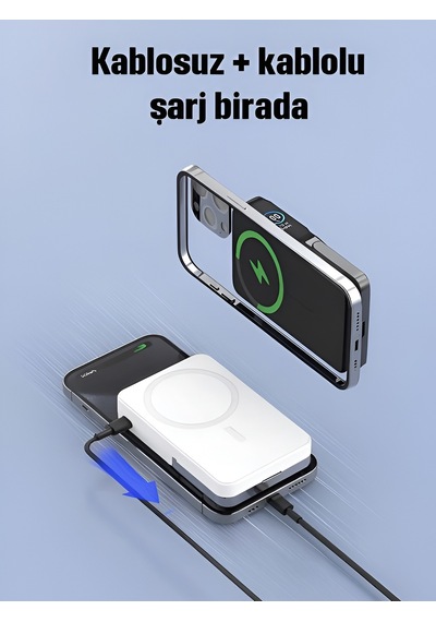 10000mah 30w Hızlı Şarjlı Dijital Göstergeli Taşınabilir Kablosuz Magsafe Powerbank Beyaz Beyaz