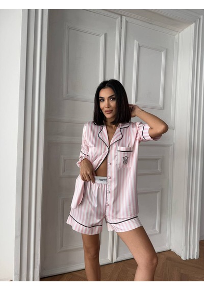 Victoria's Secret Kadın İkili İpek Saten Pijama Takımı Pembe - Beyaz