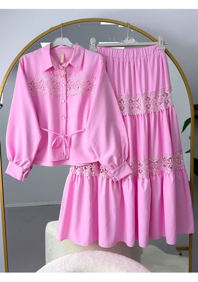 Lovie Moda Dantel Şeritli Gömlek Etekli Takım Pembe