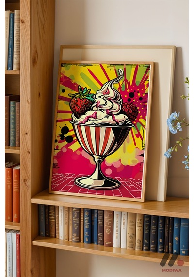 Dondurma Pop Art, Ahşap Çerçeveli Duvar Tablosu - Renkli Ev Dekorasyonu
