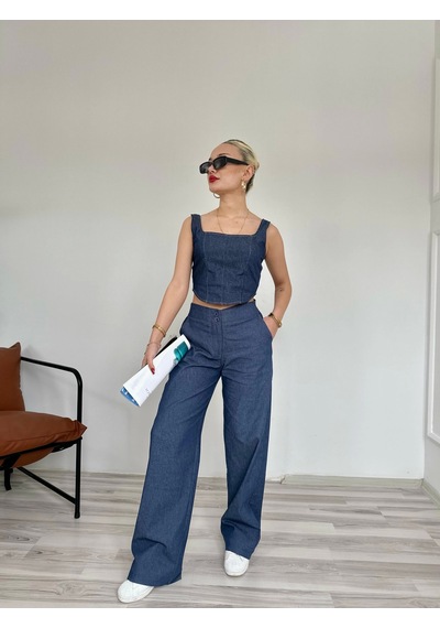 Keymoda Kadın Denim Kare Yaka Bluz Mavi Mavi