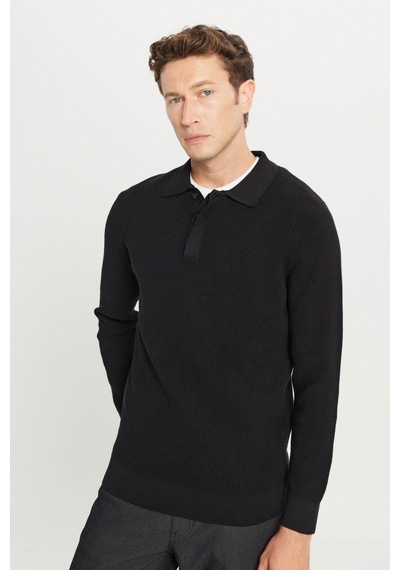 AC&Co / Altınyıldız Classics Erkek Sıyah Pamuklu Standart Fit Normal Kesim Jakarlı Polo Yaka Triko Kazak SIYAH