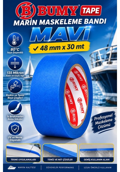 Bumy Mavi Maskeleme Bandı 48 Mm X 30 Metre Marin Boya Bantı Isıya Dayanıklı Bant Kağıt Bantları
