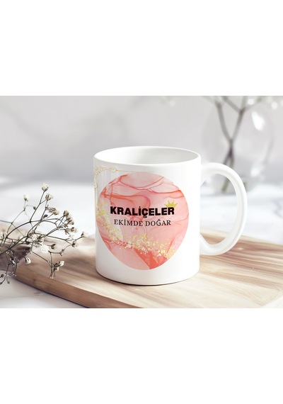 Kraliçeler Ekimde Doğar Yazılı Pembe Mermer Simli Kupa Bardak - Kadın Doğum Günü Hediye Beyaz