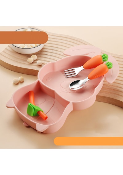 Pembe Vakumlu Silikon Mama Tabağı, Silikon Saplı Metal Uçlu Çatal Ve Kaşık Tavşan Figürlü