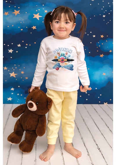 Pia Baby İsimli Erkek Çocuk Pijama Takımı %100 Pamuk Penye İsme Özel Baskılı Kişiselleştirilebilir Pijama Seti 20482s14pi Krem