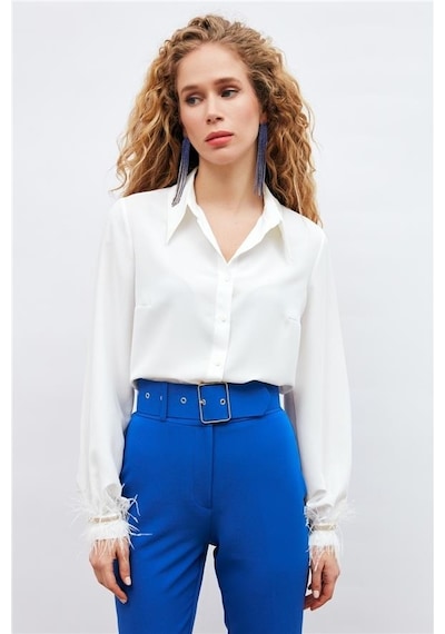 Sateen Manşeti Tüy Detaylı Bayan Gömlek 3075-2023 001