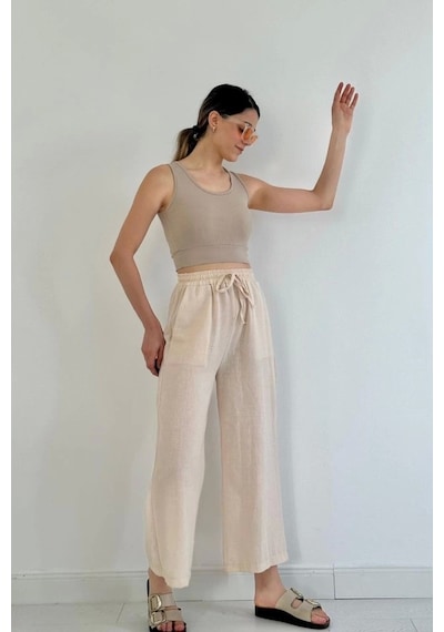 Defymoda Bej Keten Pantolon Bej