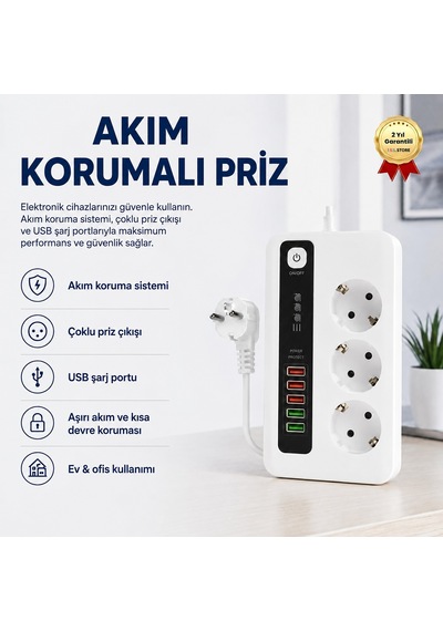 Akım Korumalı Çoklu Priz Usb Girişli, Anahtarlı, Yüksek Güvenlikli Priz Ünitesi-1466 1.8 M