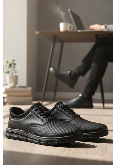 Enoch Hakiki Deri Siyah Lastikli Erkek Sneaker Ayakkabı Ortopedik Taban Siyah