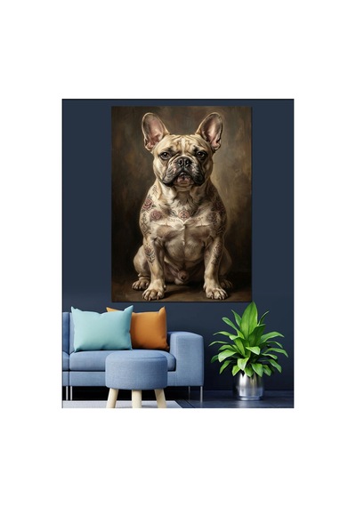 Ciddi Bakışlı Fransız Bulldog Portresi Yağlı Boya Dokulu Kanvas Tablo Canvas Tablosu