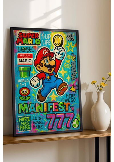 Super Mario Çerçeveli Tablo Manifest 777 Gamer Arkadaşa Hediye Street Art