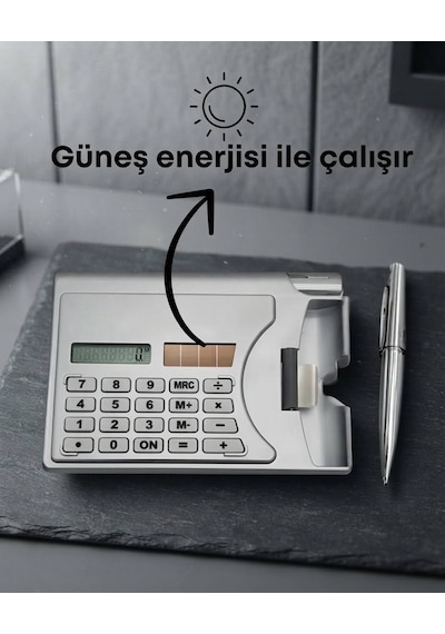Metal Kaplama Hesap Makineli Kartvizitlik Ve Takıp Çıkarılabilir Tükenmez Kalem Seti Gri - Şeffaf