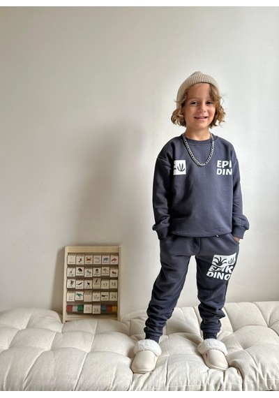 Jolly Kids Erkek Çocuk Yazı Baskılı Sweatshirt Takım Koyu Gri