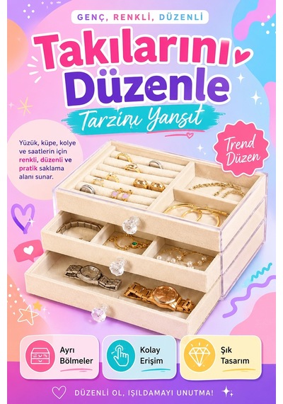 Kadife Kaplamalı Şeffaf Takı Kutusu Çekmeceli Saat Yüzük Kolye Organizeri Çok Renkli