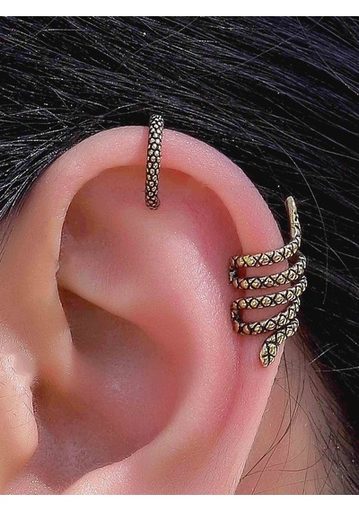 Vintage Antik 2'li Deliksiz Ear Cuff Ayarlanabilir Yılan Model Kıkırdak Küpe Seti Eukk9 Sarı