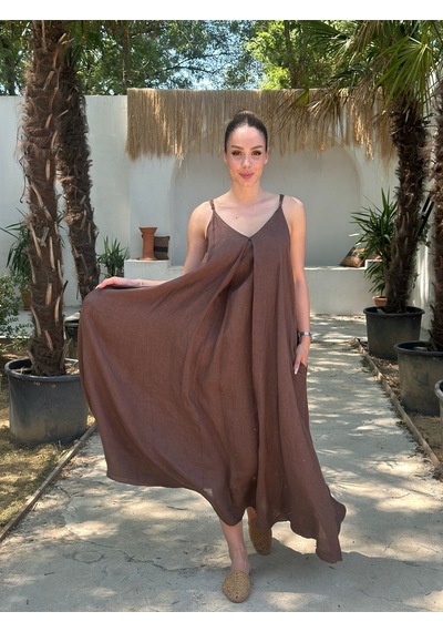 Yazlık Keten Askılı Oversize Elbise Kahverengi