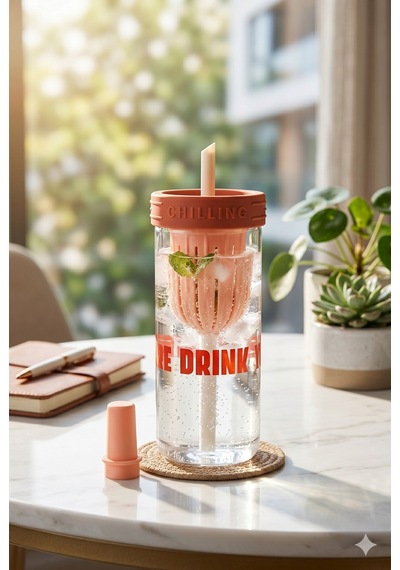750 Ml Kırmızı Süzgeçli Pipetli Cam Matara Motivasyonel Su Şişesi Tasarımlı Isıya Dayanıklı Bardak