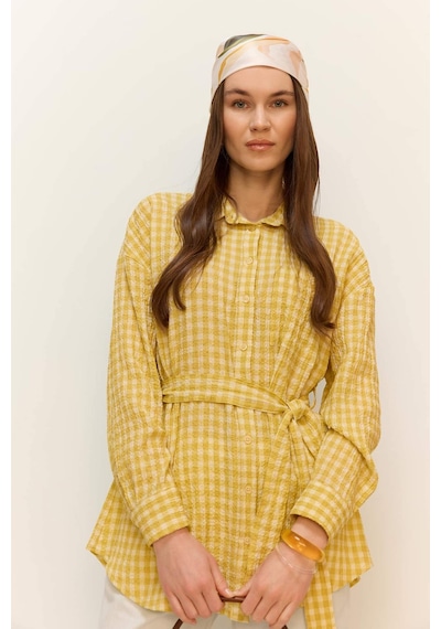 DeFacto Relax Fit Pötikareli Gofre Dokulu Kuşaklı Uzun Kollu Tesettür Gömlek Tunik E4558AX25SMKH519