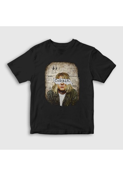 Presmono Unisex Çocuk Paper Nirvana Kurt Cobain T-shirt Siyah