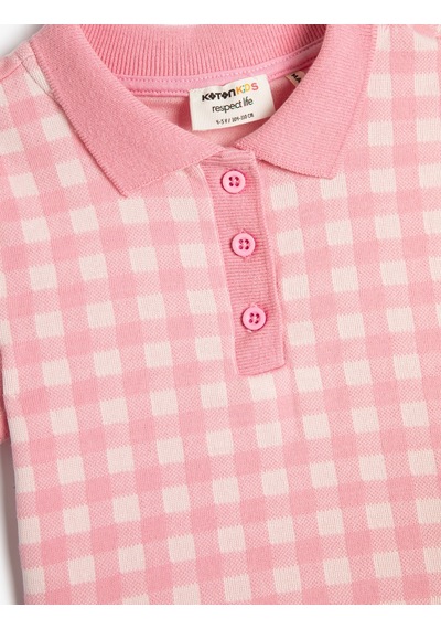 Koton Polo Tişört Crop Kısa Kollu Düğme Detaylı Dar Kalıp Pembe Ekose 3skg10134ak 3SKG10134AK2C6 Pembe