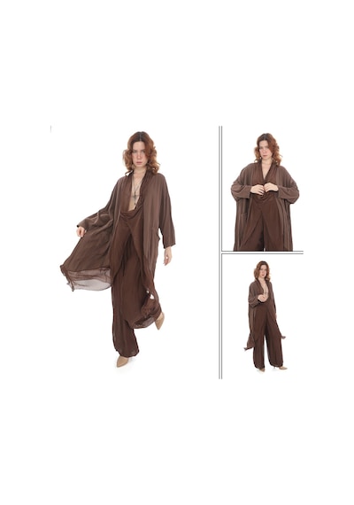 Bohem Stil Italyan Ipek Detaylı Oversize Kap Bluz- Wes Pantolon Takım-8789 Kahverengi Bohem Stil Italyan Ipek Detaylı Oversize Kap Bluz- Wes Pantolon Takım-8789 Kahverengi