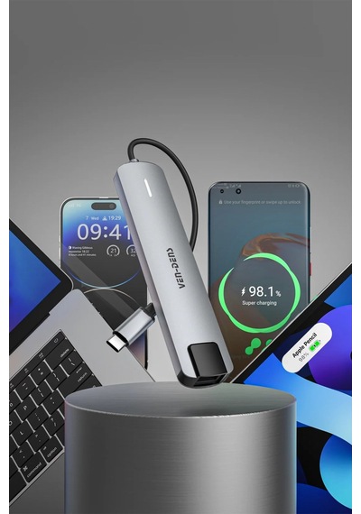 Ven-dens Vd-adp020 8 İ 1 Arada Usb-c Hub Adaptör, 4k 30 Hz Hdmı, 90 W Pd, Usb 3.0, Rj45, Gri
