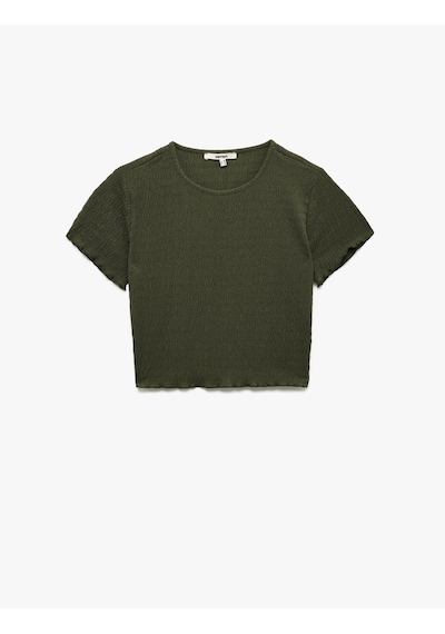 Koton Bisiklet Yaka Kısa Kollu Slim Fit Dokulu Crop Tişört Haki 5sak50210ek Haki