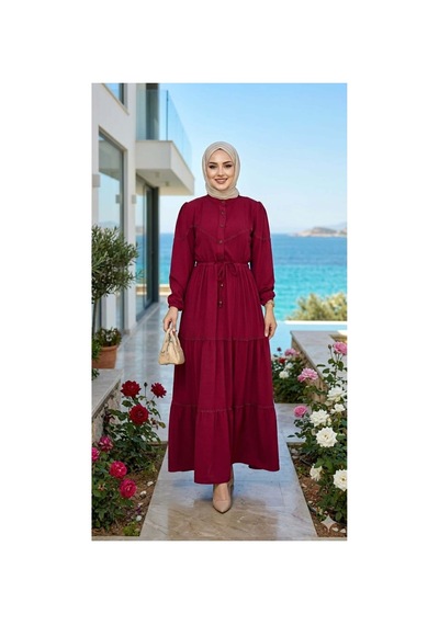 Hb Harma Time Butik Kadın Dantel Detaylı Beli Bağcıklı Ayrobin Bordo Elbise Bordo Bordo