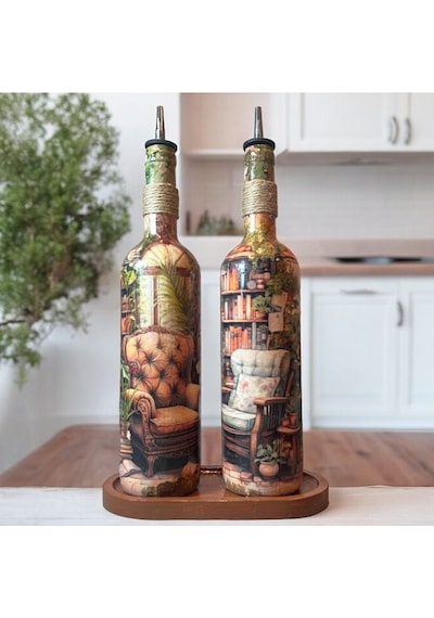 El Yapımı Kışbahçesi Desenli Renkli 750 Ml Zeytinyağı Sıvıyağ Şişesi Yağdanlık Yağlık 2'li Set Çok Renkli
