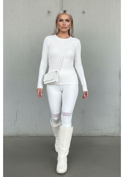 Kadın Beyaz Dokulu Bisiklet Yaka Uzun Kollu Slim Fit Body - Kadın Bluz Krem