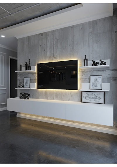 Resital Ledli Duvara Monte Tv Sehpası - Beyaz - W6020-1 Beyaz