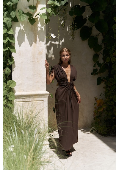 Mai Collection Mai Studios Co. Manarola Büzgü Detay Kahve Uzun Elbise Kahve