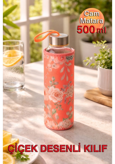 Çiçek Desenli Kılıflı Cam Matara 500 ml - Spor, Okul, Ofis ve Günlük Kullanım İçin Estetik Tasarımlı Su Şişesi