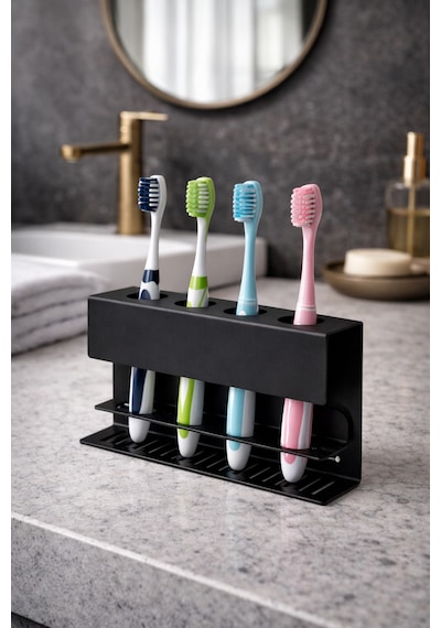 Metal Diş Fırçalık Siyah 4 Bölmeli Duvara Monte Diş Fırçası Tutucu Banyo Organizer