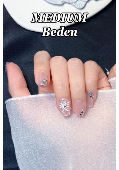 Medıum Beden Kısa Takma Tırnak Çiçek Charm 10 Adet Takma Tırnak Seti T068 Çiçek